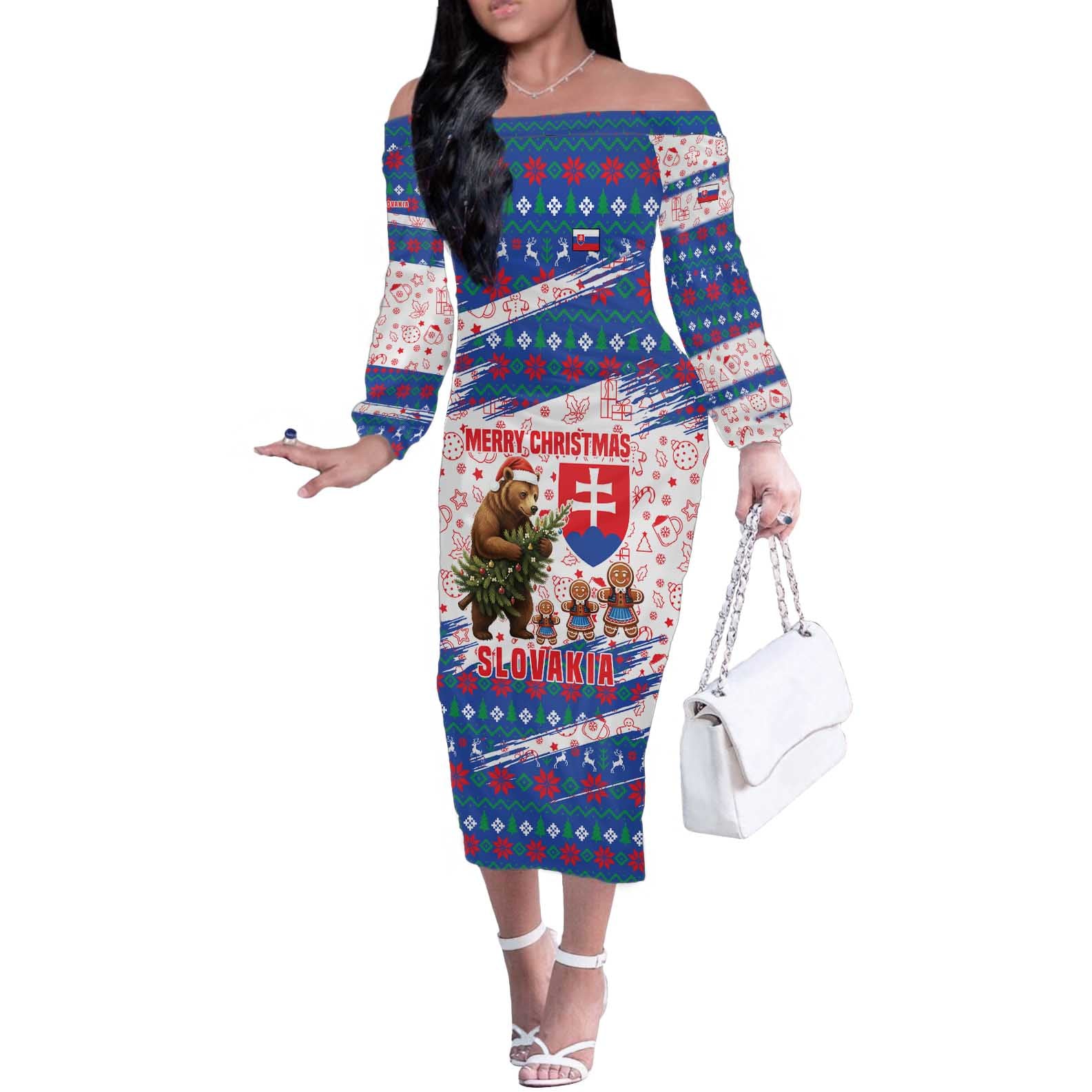Slovakia Christmas Off The Shoulder Long Sleeve Dress with Bear Holding Tree Gingerbread Cookies and Red Blue Snowflake Pattern Design - Wonder Print Shop