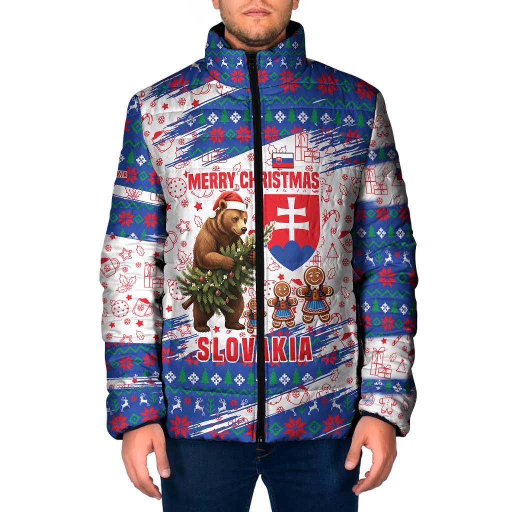 Slovakia Christmas Padded Jacket with Bear Holding Tree Gingerbread Cookies and Red Blue Snowflake Pattern Design - Wonder Print Shop