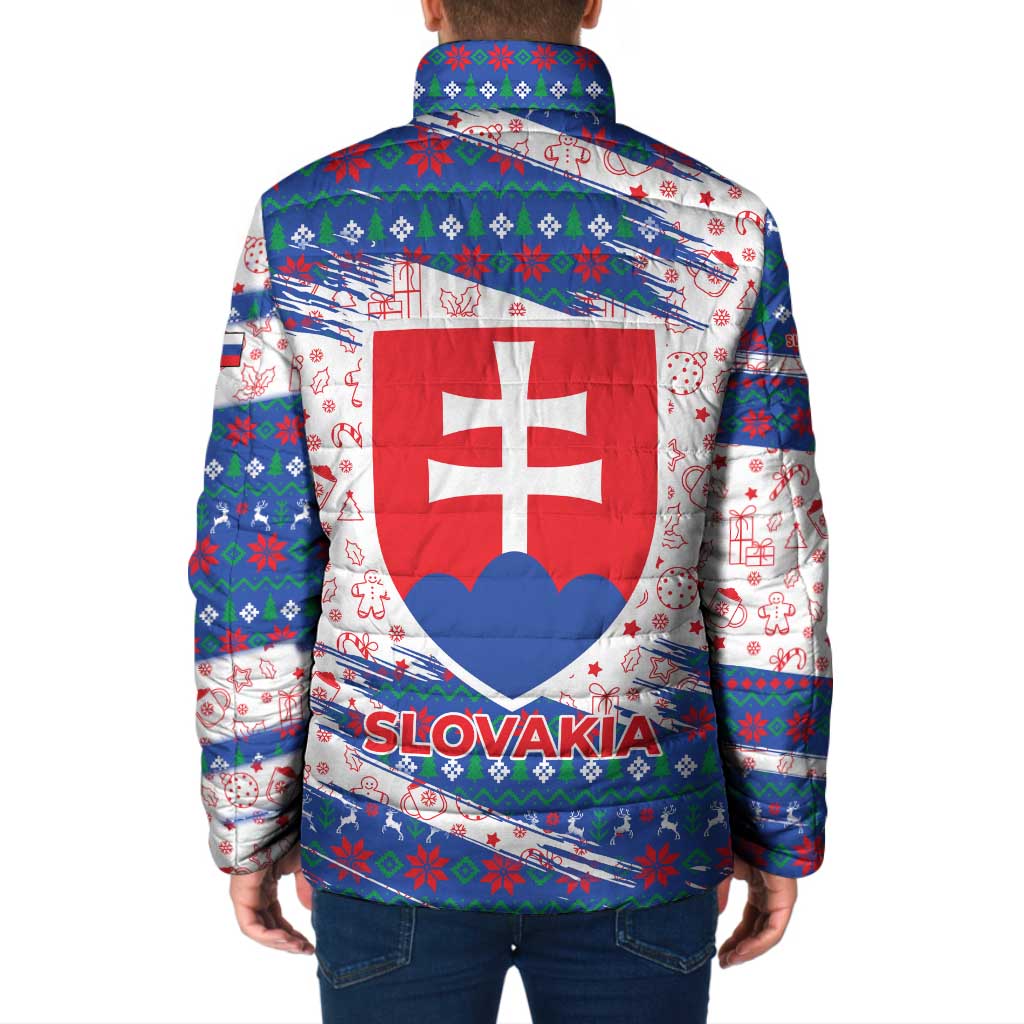 Slovakia Christmas Padded Jacket with Bear Holding Tree Gingerbread Cookies and Red Blue Snowflake Pattern Design - Wonder Print Shop