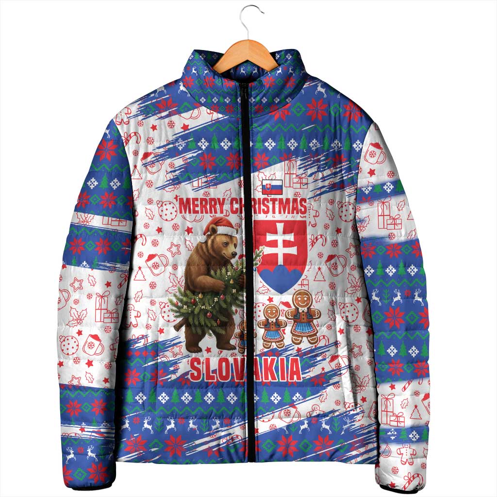 Slovakia Christmas Padded Jacket with Bear Holding Tree Gingerbread Cookies and Red Blue Snowflake Pattern Design - Wonder Print Shop