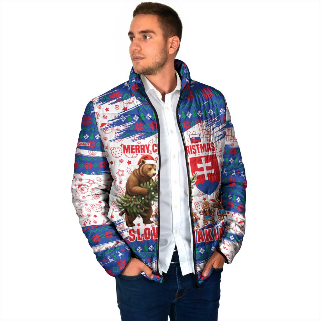 Slovakia Christmas Padded Jacket with Bear Holding Tree Gingerbread Cookies and Red Blue Snowflake Pattern Design - Wonder Print Shop