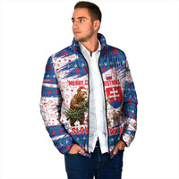 Slovakia Christmas Padded Jacket with Bear Holding Tree Gingerbread Cookies and Red Blue Snowflake Pattern Design - Wonder Print Shop