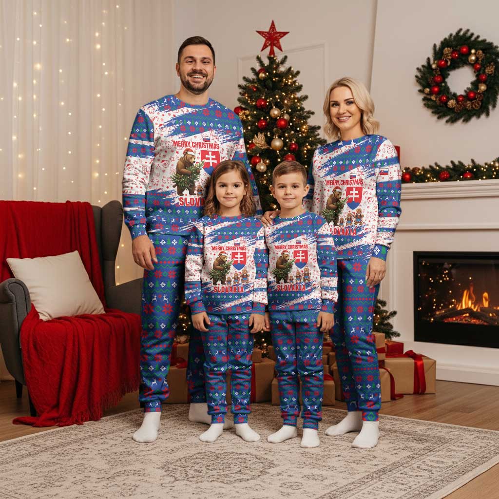 Slovakia Christmas Pajama Set with Bear Holding Tree Gingerbread Cookies and Red Blue Snowflake Pattern Design - Wonder Print Shop