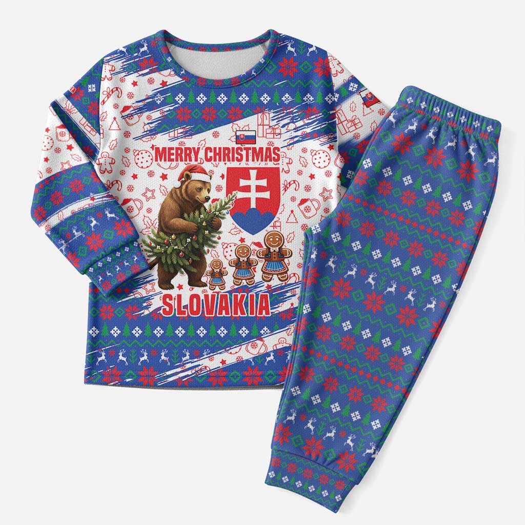 Slovakia Christmas Pajama Set with Bear Holding Tree Gingerbread Cookies and Red Blue Snowflake Pattern Design - Wonder Print Shop