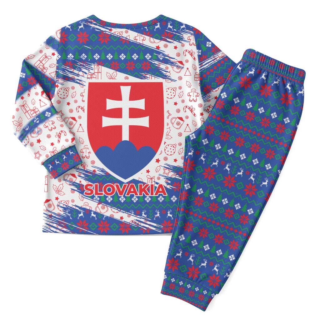 Slovakia Christmas Pajama Set with Bear Holding Tree Gingerbread Cookies and Red Blue Snowflake Pattern Design - Wonder Print Shop