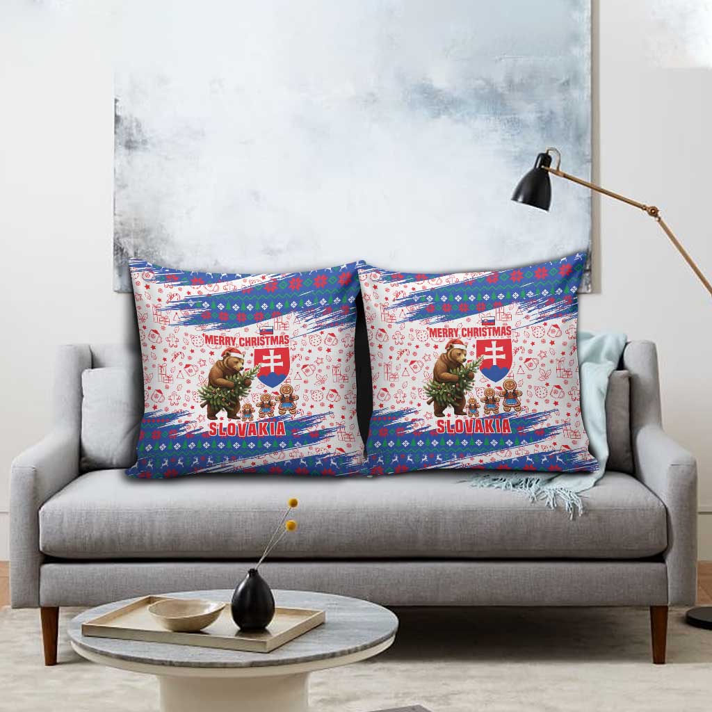 Slovakia Christmas Pillow Cover with Bear Holding Tree Gingerbread Cookies and Red Blue Snowflake Pattern Design - Wonder Print Shop