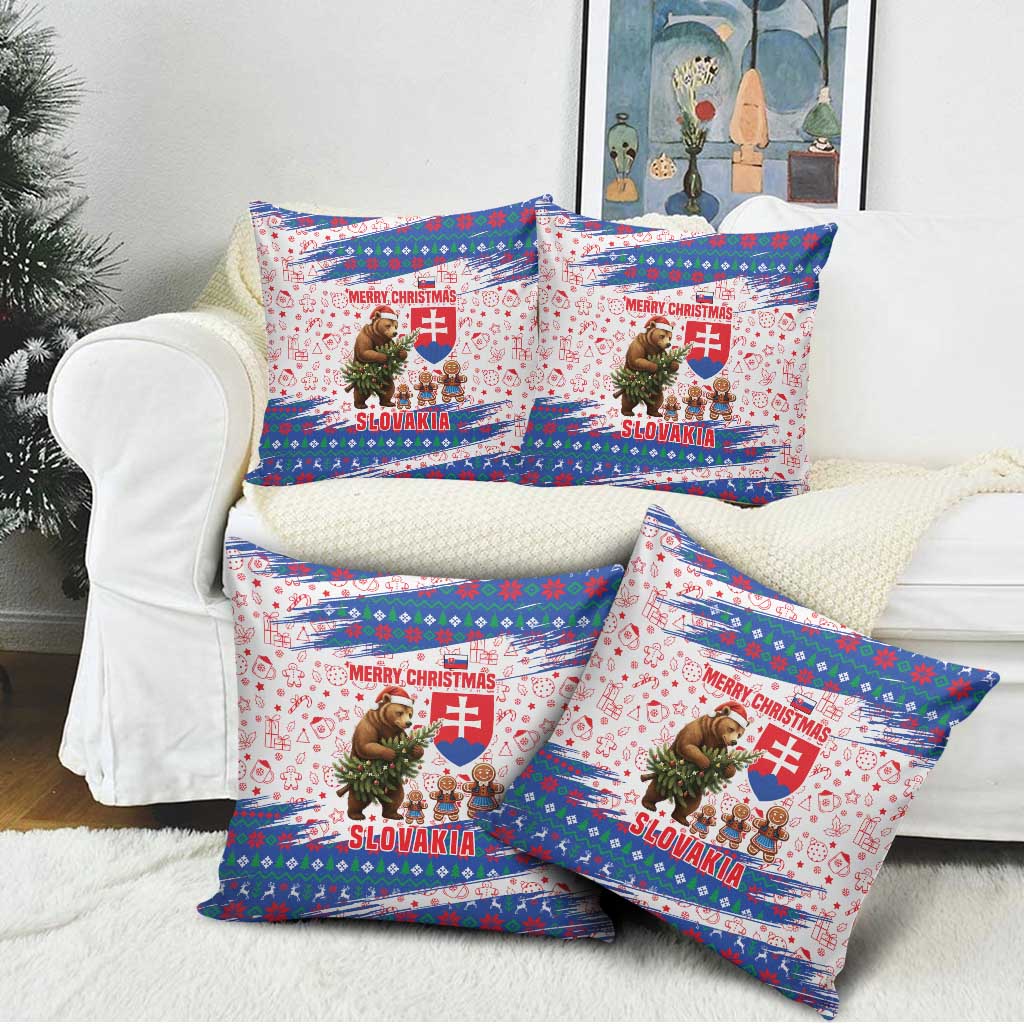 Slovakia Christmas Pillow Cover with Bear Holding Tree Gingerbread Cookies and Red Blue Snowflake Pattern Design - Wonder Print Shop