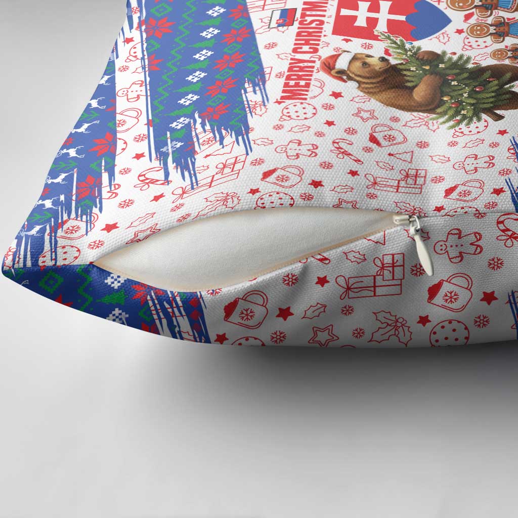 Slovakia Christmas Pillow Cover with Bear Holding Tree Gingerbread Cookies and Red Blue Snowflake Pattern Design - Wonder Print Shop