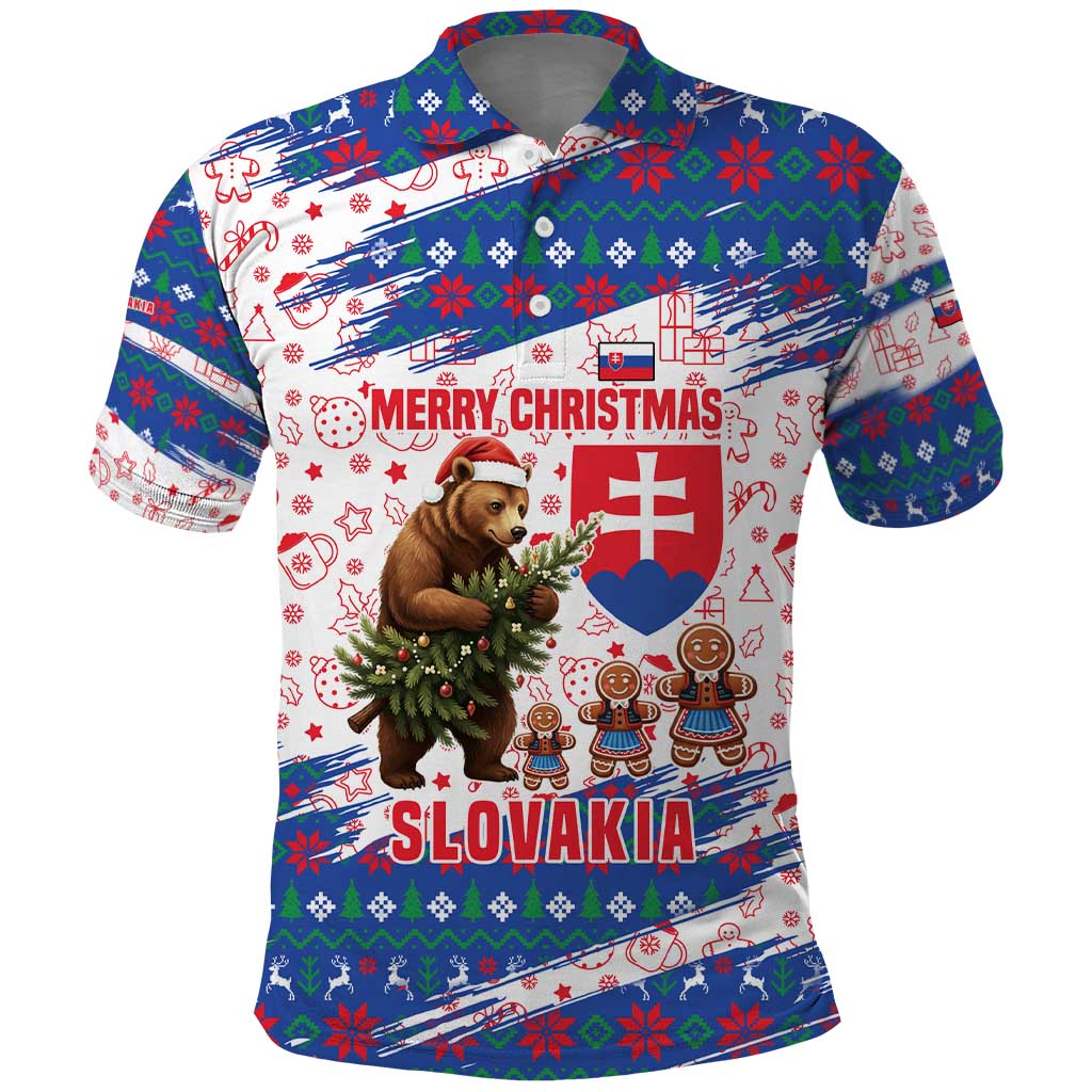 Slovakia Christmas Polo Shirt with Bear Holding Tree Gingerbread Cookies and Red Blue Snowflake Pattern Design - Wonder Print Shop