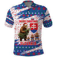 Slovakia Christmas Polo Shirt with Bear Holding Tree Gingerbread Cookies and Red Blue Snowflake Pattern Design - Wonder Print Shop