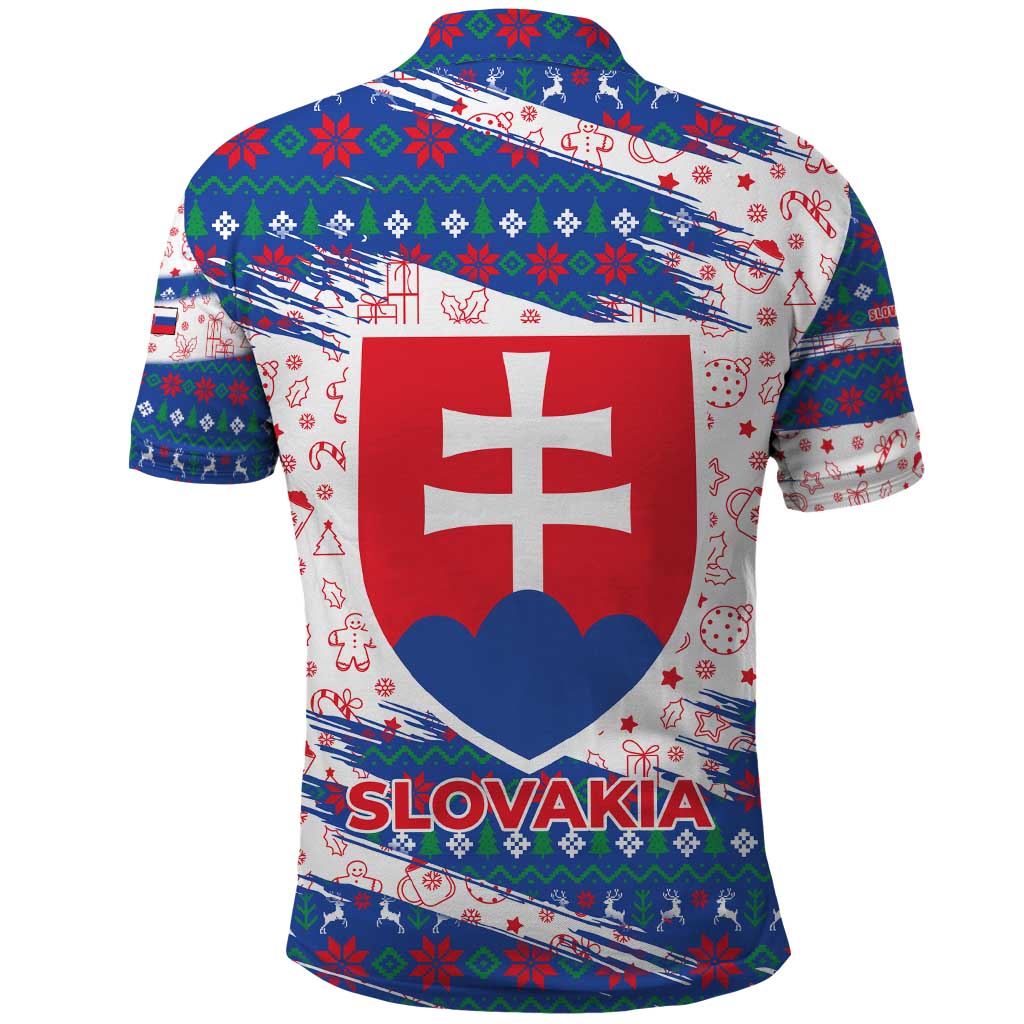 Slovakia Christmas Polo Shirt with Bear Holding Tree Gingerbread Cookies and Red Blue Snowflake Pattern Design - Wonder Print Shop
