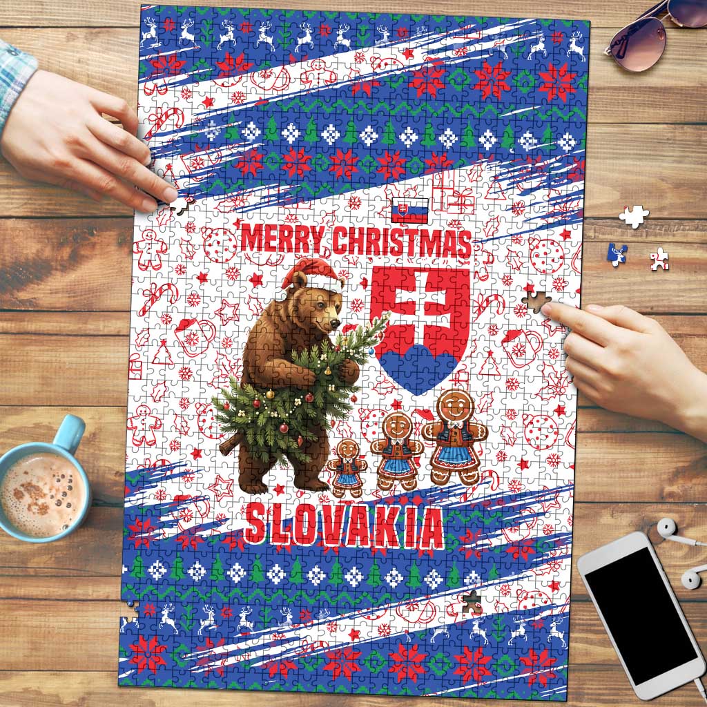 Slovakia Christmas Puzzle with Bear Holding Tree Gingerbread Cookies and Red Blue Snowflake Pattern Design - Wonder Print Shop