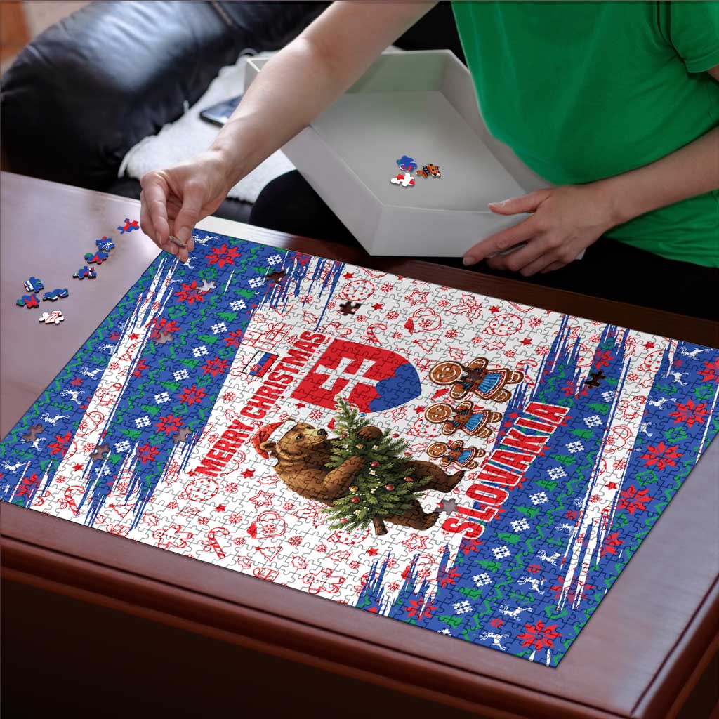Slovakia Christmas Puzzle with Bear Holding Tree Gingerbread Cookies and Red Blue Snowflake Pattern Design - Wonder Print Shop