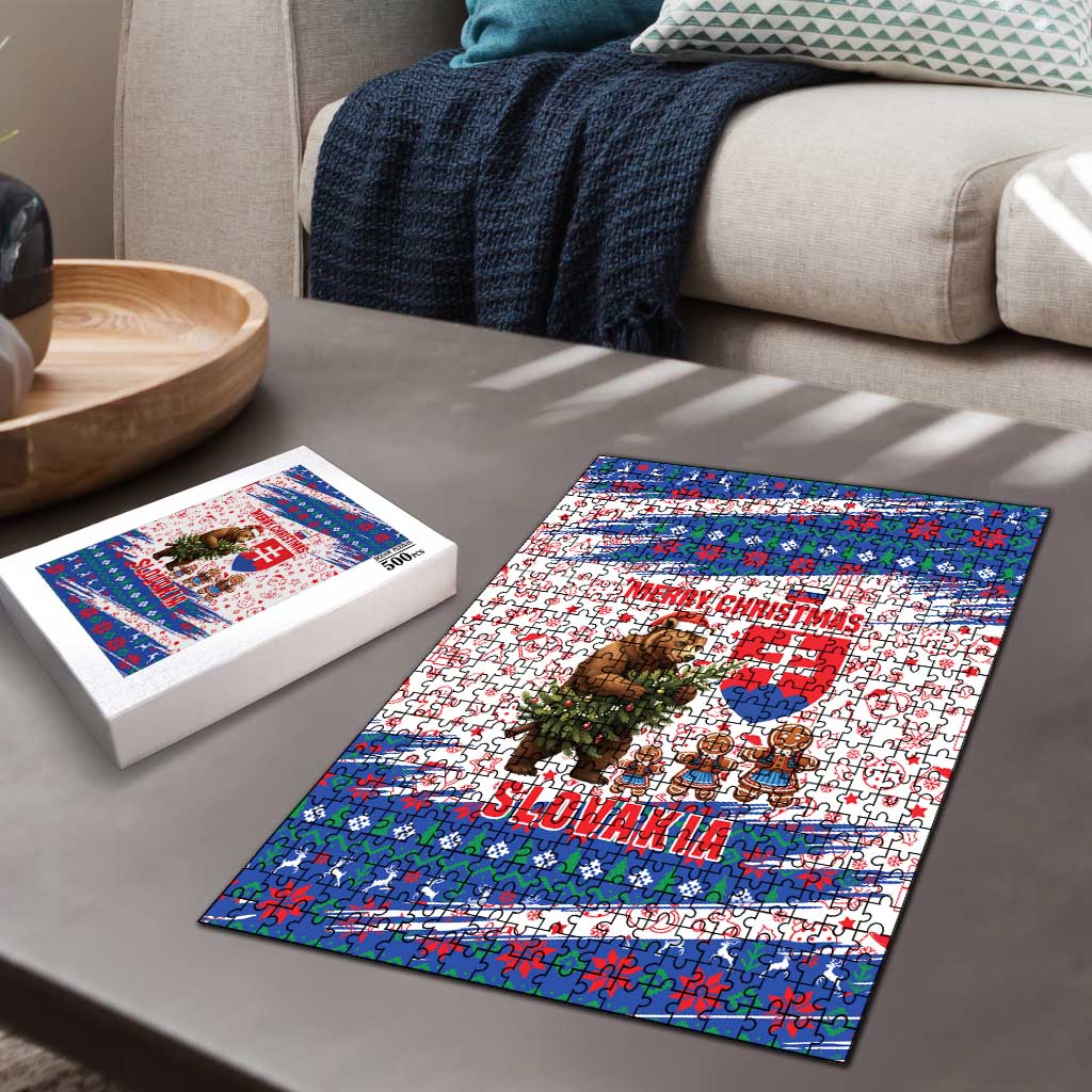 Slovakia Christmas Puzzle with Bear Holding Tree Gingerbread Cookies and Red Blue Snowflake Pattern Design - Wonder Print Shop