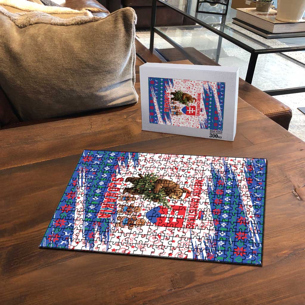 Slovakia Christmas Puzzle with Bear Holding Tree Gingerbread Cookies and Red Blue Snowflake Pattern Design - Wonder Print Shop
