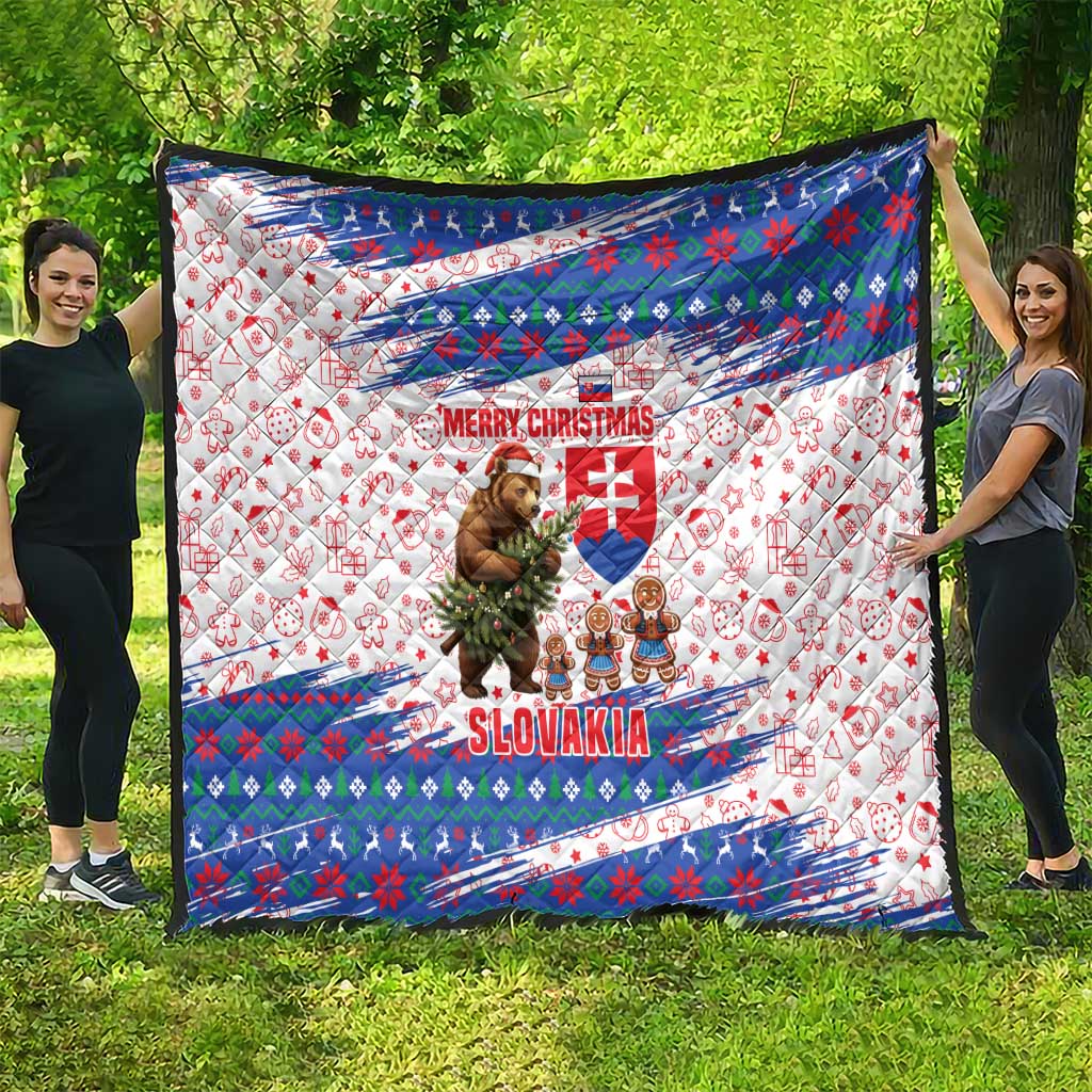 Slovakia Christmas Quilt with Bear Holding Tree Gingerbread Cookies and Red Blue Snowflake Pattern Design - Wonder Print Shop