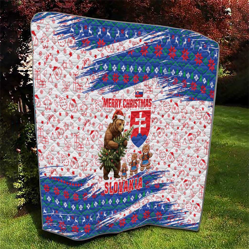 Slovakia Christmas Quilt with Bear Holding Tree Gingerbread Cookies and Red Blue Snowflake Pattern Design - Wonder Print Shop