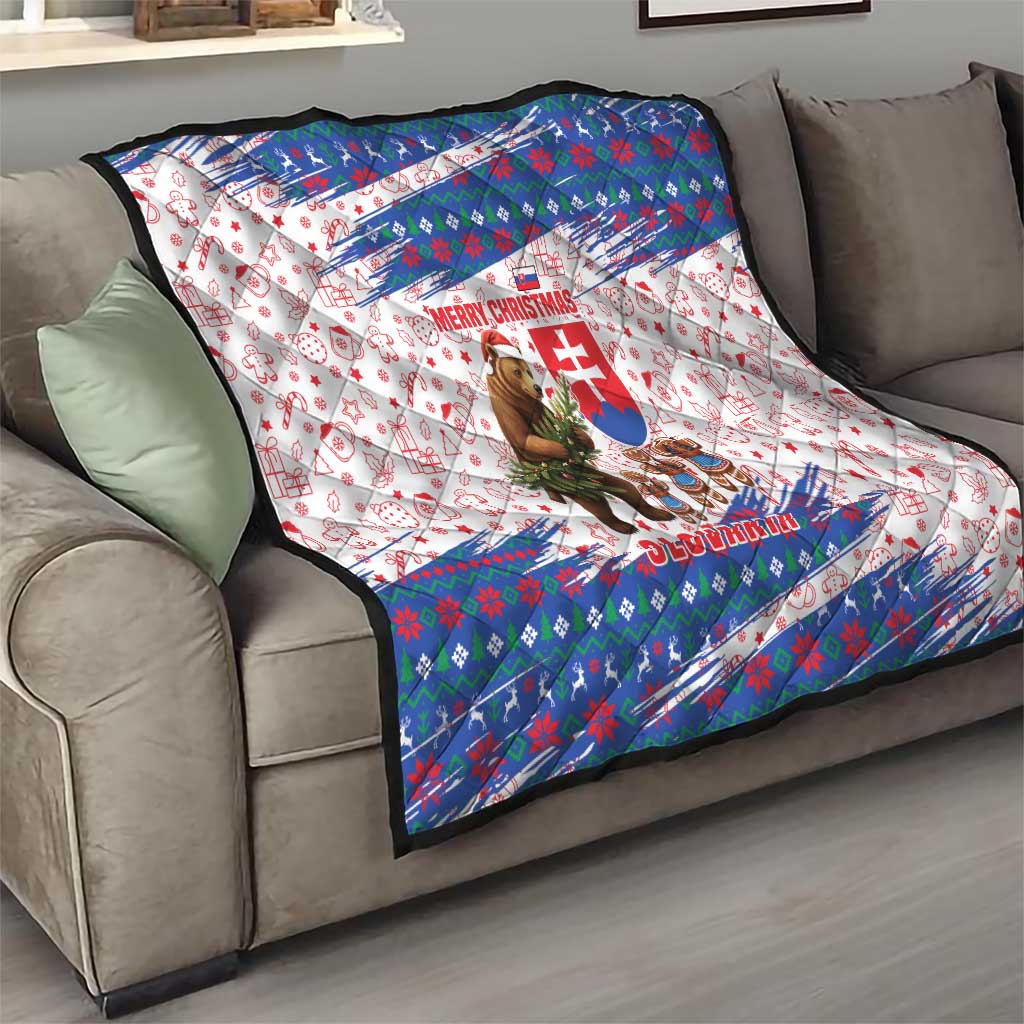 Slovakia Christmas Quilt with Bear Holding Tree Gingerbread Cookies and Red Blue Snowflake Pattern Design - Wonder Print Shop