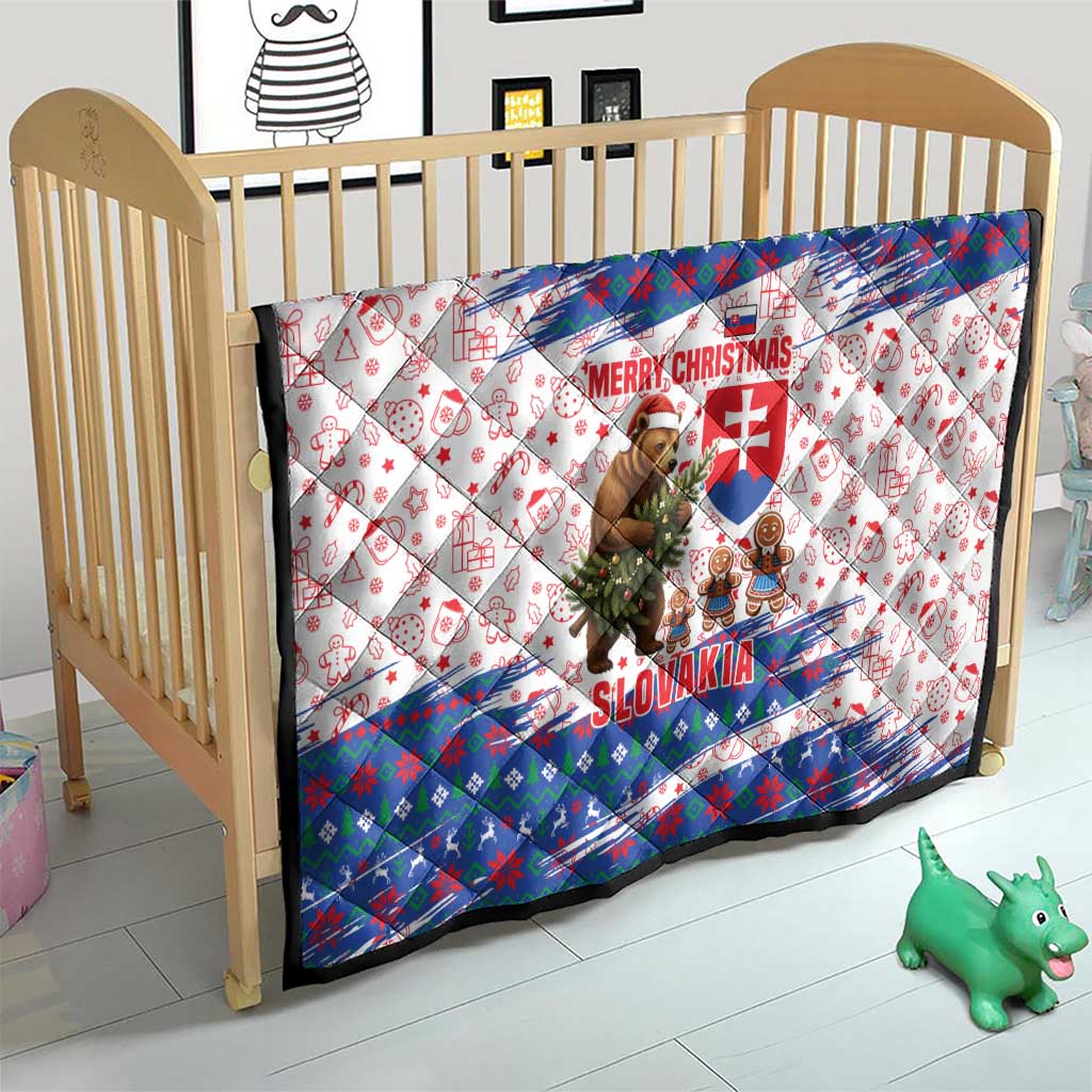 Slovakia Christmas Quilt with Bear Holding Tree Gingerbread Cookies and Red Blue Snowflake Pattern Design - Wonder Print Shop