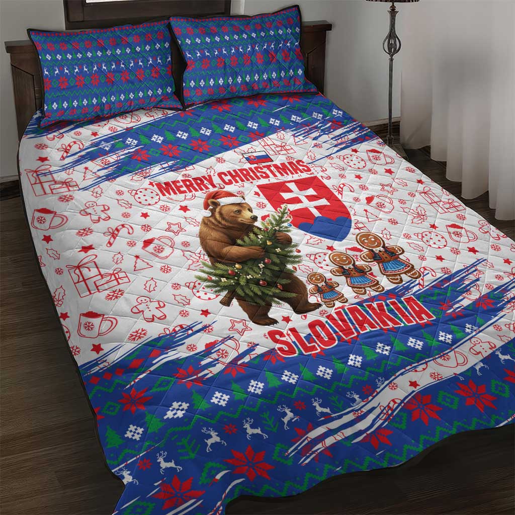 Slovakia Christmas Quilt Bed Set with Bear Holding Tree Gingerbread Cookies and Red Blue Snowflake Pattern Design - Wonder Print Shop