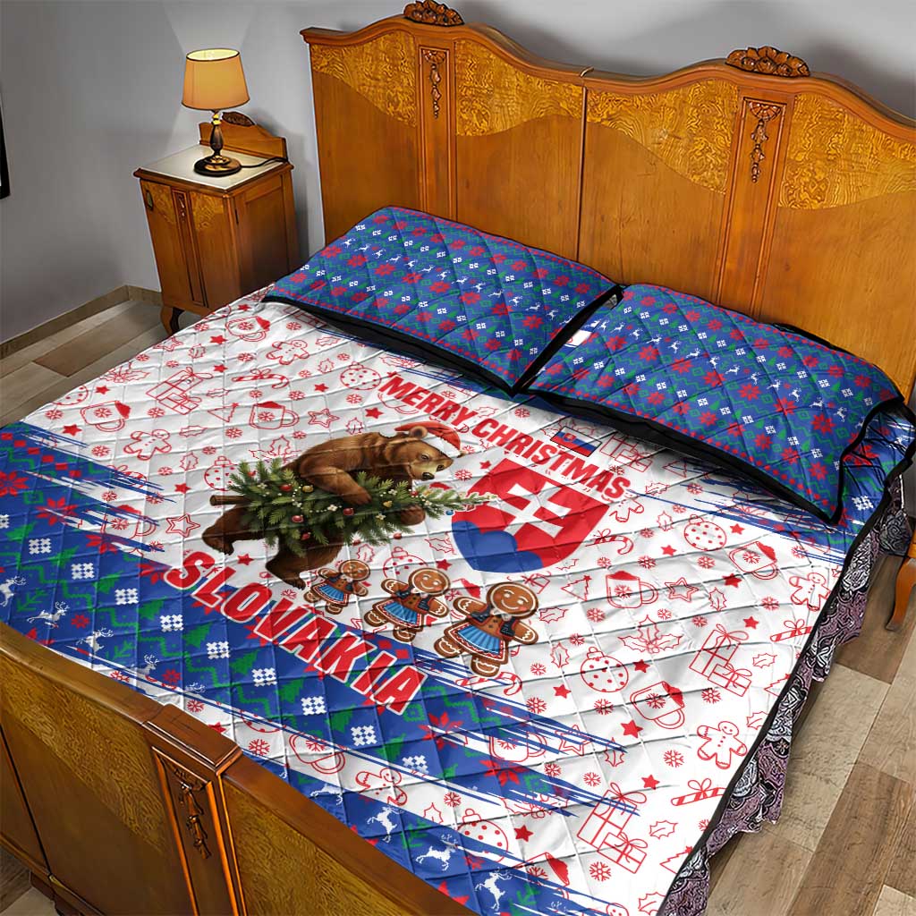 Slovakia Christmas Quilt Bed Set with Bear Holding Tree Gingerbread Cookies and Red Blue Snowflake Pattern Design - Wonder Print Shop