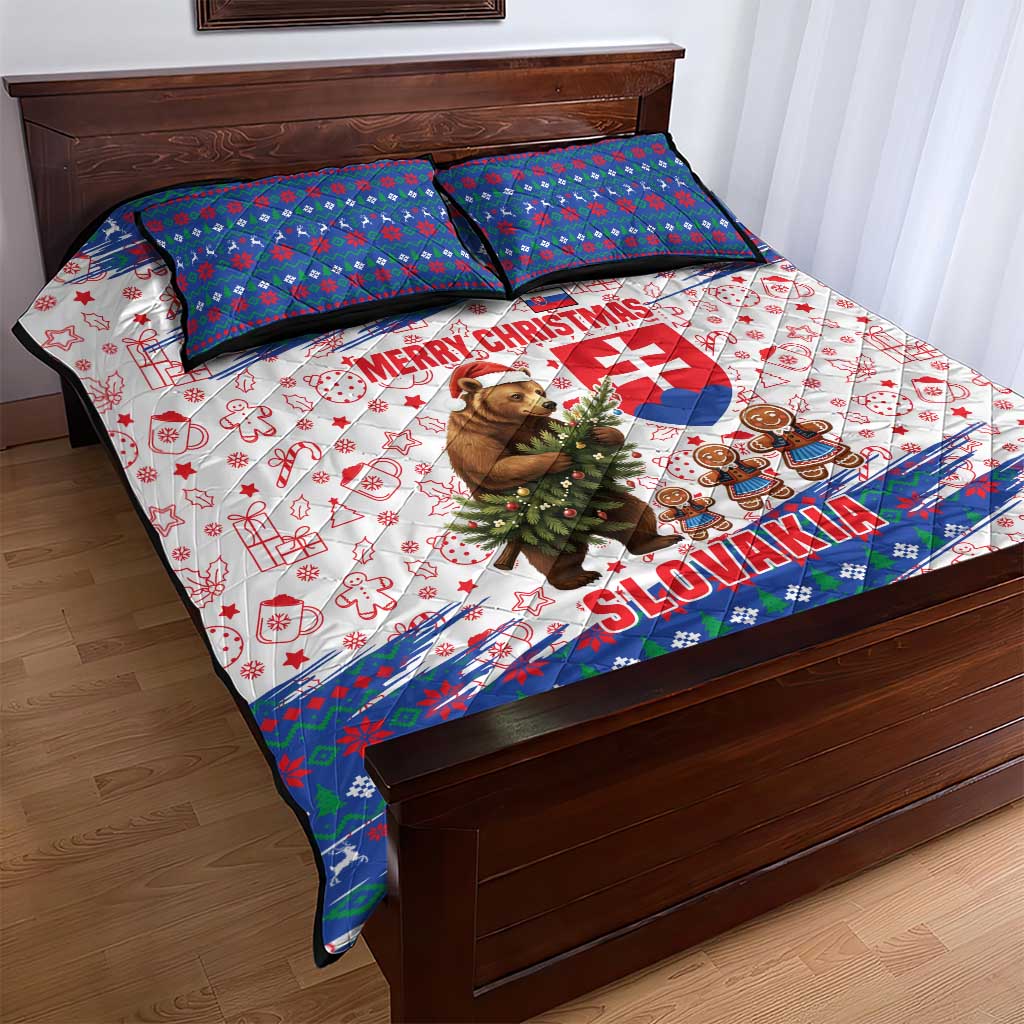 Slovakia Christmas Quilt Bed Set with Bear Holding Tree Gingerbread Cookies and Red Blue Snowflake Pattern Design - Wonder Print Shop