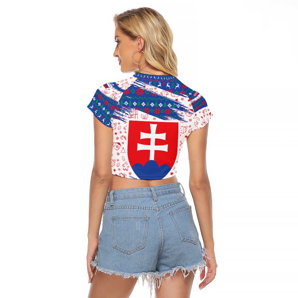 Slovakia Christmas Raglan Cropped T Shirt with Bear Holding Tree Gingerbread Cookies and Red Blue Snowflake Pattern Design - Wonder Print Shop