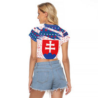 Slovakia Christmas Raglan Cropped T Shirt with Bear Holding Tree Gingerbread Cookies and Red Blue Snowflake Pattern Design - Wonder Print Shop