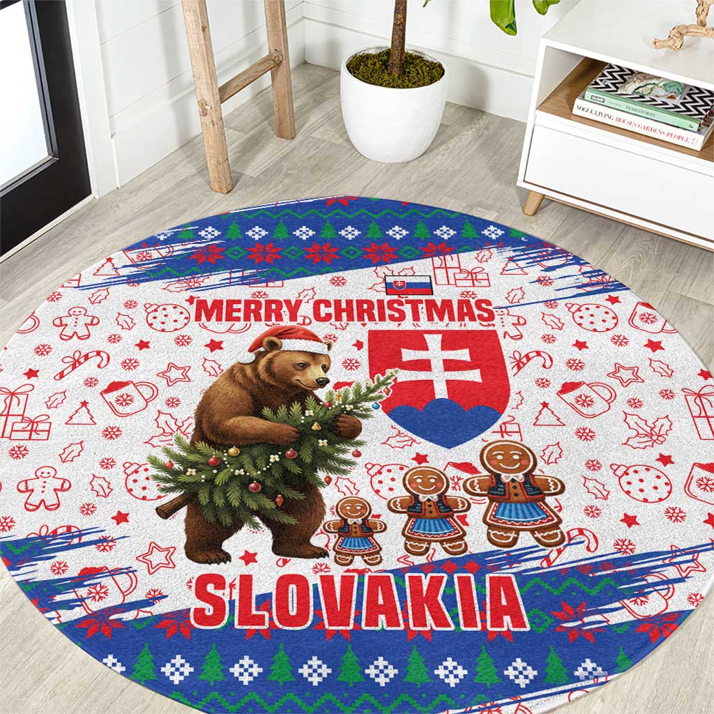 Slovakia Christmas Round Carpet with Bear Holding Tree Gingerbread Cookies and Red Blue Snowflake Pattern Design - Wonder Print Shop