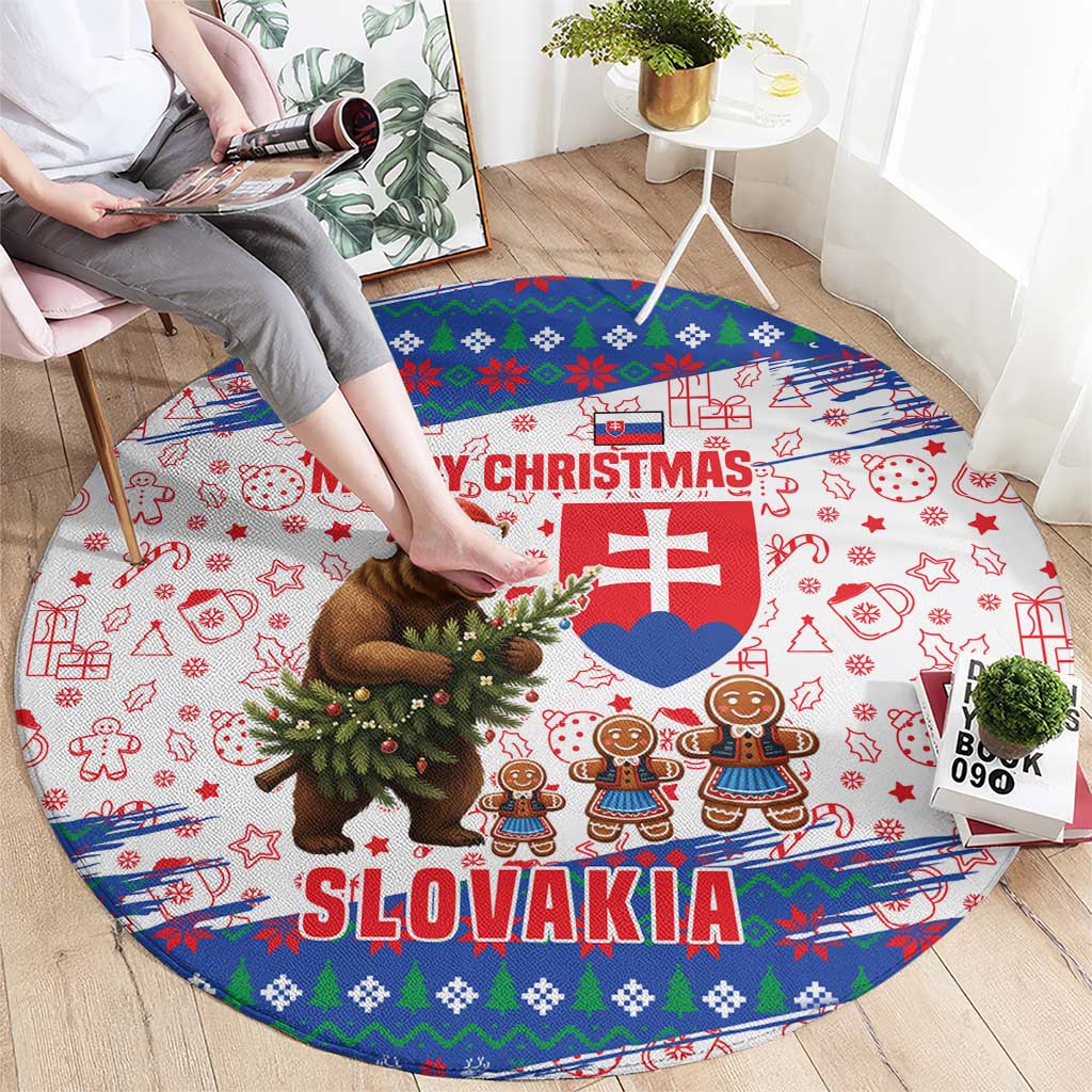 Slovakia Christmas Round Carpet with Bear Holding Tree Gingerbread Cookies and Red Blue Snowflake Pattern Design - Wonder Print Shop