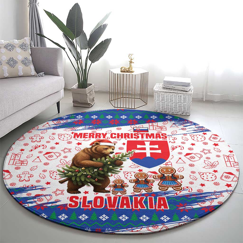 Slovakia Christmas Round Carpet with Bear Holding Tree Gingerbread Cookies and Red Blue Snowflake Pattern Design - Wonder Print Shop