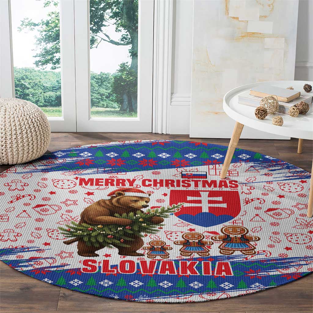 Slovakia Christmas Round Carpet with Bear Holding Tree Gingerbread Cookies and Red Blue Snowflake Pattern Design - Wonder Print Shop