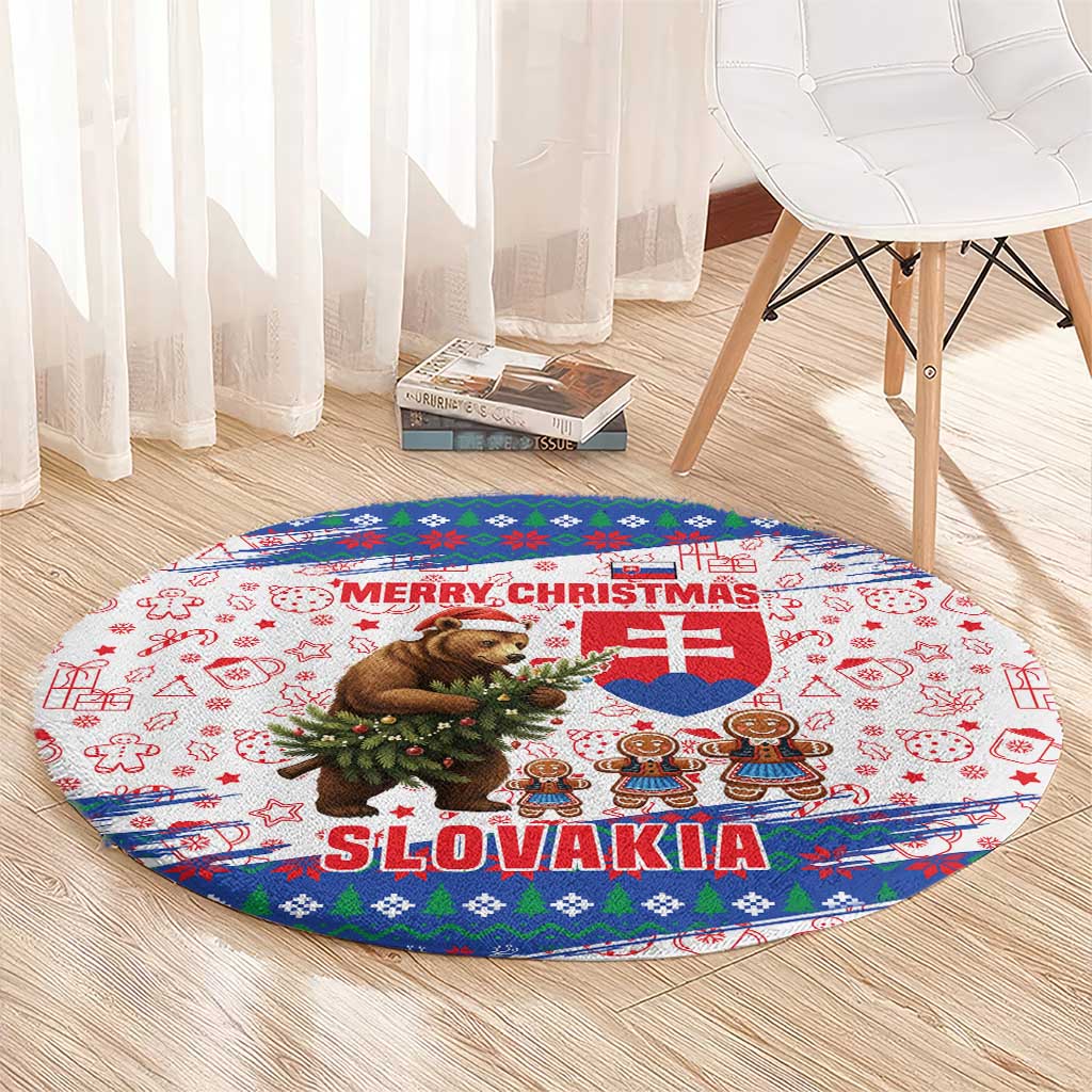 Slovakia Christmas Round Carpet with Bear Holding Tree Gingerbread Cookies and Red Blue Snowflake Pattern Design - Wonder Print Shop