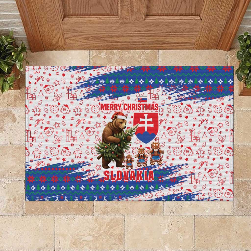 Slovakia Christmas Rubber Doormat with Bear Holding Tree Gingerbread Cookies and Red Blue Snowflake Pattern Design - Wonder Print Shop