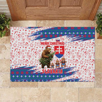 Slovakia Christmas Rubber Doormat with Bear Holding Tree Gingerbread Cookies and Red Blue Snowflake Pattern Design - Wonder Print Shop