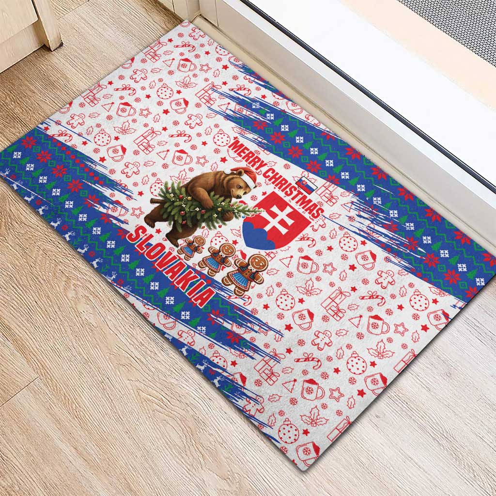 Slovakia Christmas Rubber Doormat with Bear Holding Tree Gingerbread Cookies and Red Blue Snowflake Pattern Design - Wonder Print Shop