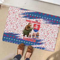 Slovakia Christmas Rubber Doormat with Bear Holding Tree Gingerbread Cookies and Red Blue Snowflake Pattern Design - Wonder Print Shop