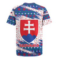 Slovakia Christmas Rugby Jersey with Bear Holding Tree Gingerbread Cookies and Red Blue Snowflake Pattern Design - Wonder Print Shop
