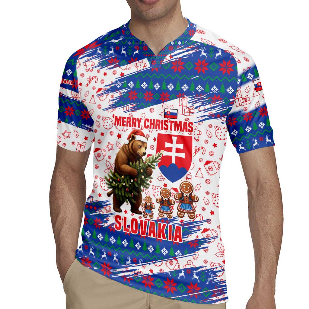 Slovakia Christmas Rugby Jersey with Bear Holding Tree Gingerbread Cookies and Red Blue Snowflake Pattern Design - Wonder Print Shop