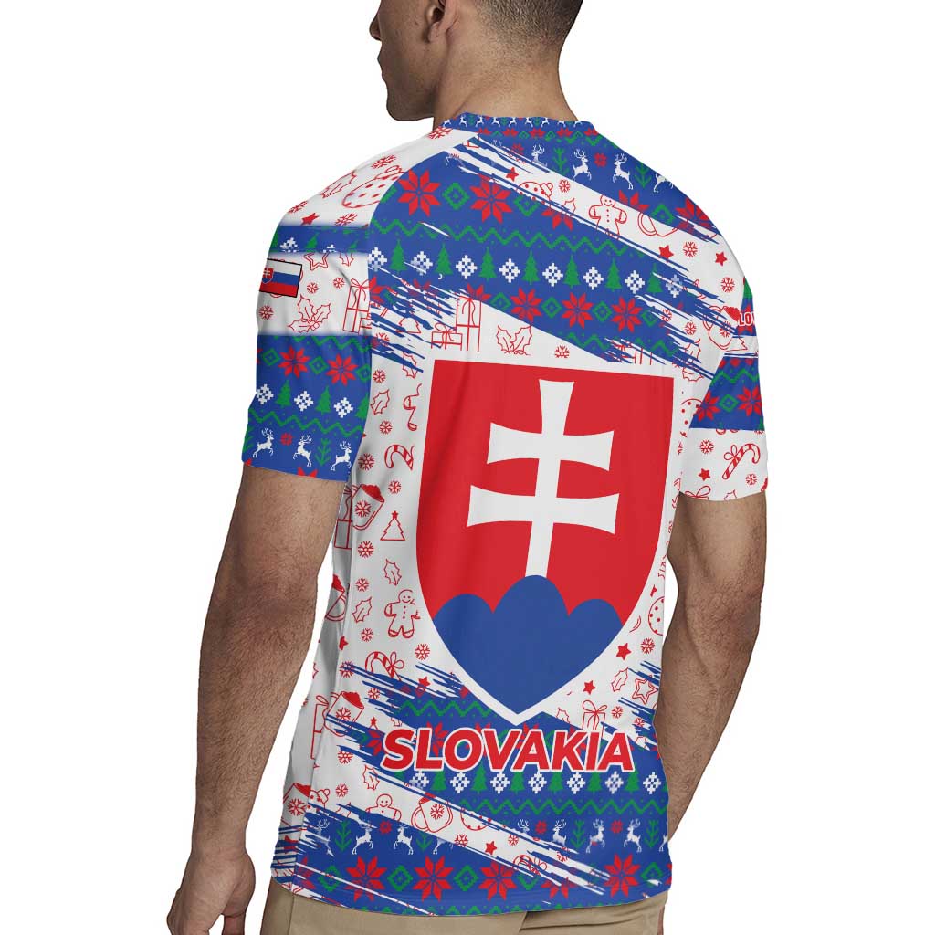 Slovakia Christmas Rugby Jersey with Bear Holding Tree Gingerbread Cookies and Red Blue Snowflake Pattern Design - Wonder Print Shop