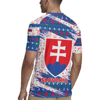 Slovakia Christmas Rugby Jersey with Bear Holding Tree Gingerbread Cookies and Red Blue Snowflake Pattern Design - Wonder Print Shop