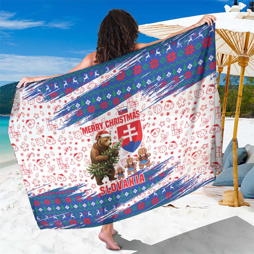 Slovakia Christmas Sarong with Bear Holding Tree Gingerbread Cookies and Red Blue Snowflake Pattern Design - Wonder Print Shop