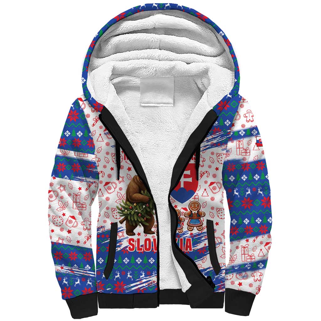 Slovakia Christmas Sherpa Hoodie with Bear Holding Tree Gingerbread Cookies and Red Blue Snowflake Pattern Design - Wonder Print Shop