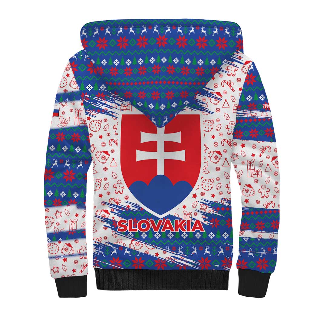 Slovakia Christmas Sherpa Hoodie with Bear Holding Tree Gingerbread Cookies and Red Blue Snowflake Pattern Design - Wonder Print Shop