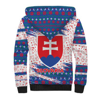 Slovakia Christmas Sherpa Hoodie with Bear Holding Tree Gingerbread Cookies and Red Blue Snowflake Pattern Design - Wonder Print Shop