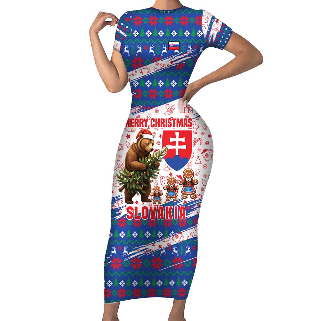 Slovakia Christmas Short Sleeve Bodycon Dress with Bear Holding Tree Gingerbread Cookies and Red Blue Snowflake Pattern Design - Wonder Print Shop