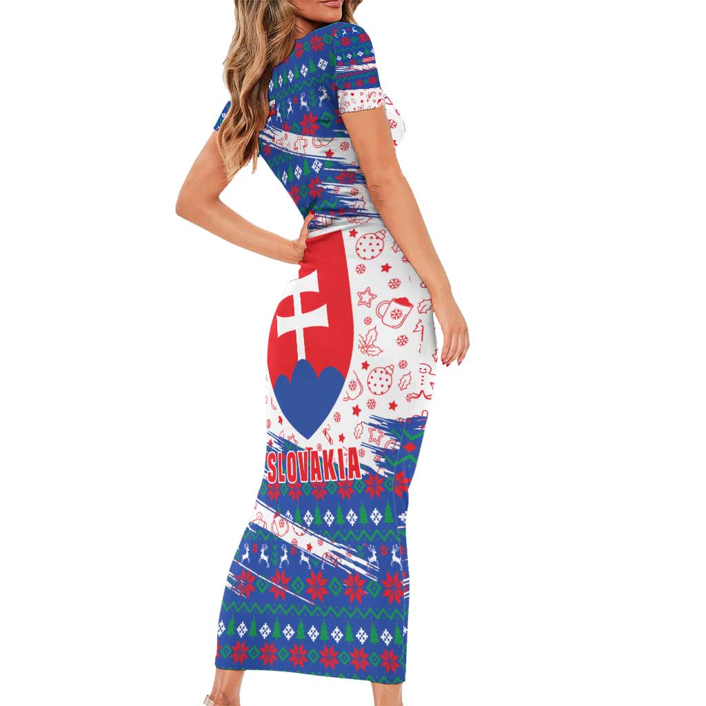 Slovakia Christmas Short Sleeve Bodycon Dress with Bear Holding Tree Gingerbread Cookies and Red Blue Snowflake Pattern Design - Wonder Print Shop