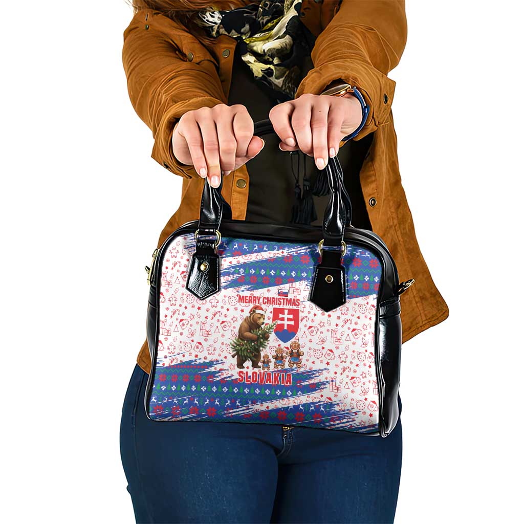 Slovakia Christmas Shoulder Handbag with Bear Holding Tree Gingerbread Cookies and Red Blue Snowflake Pattern Design - Wonder Print Shop