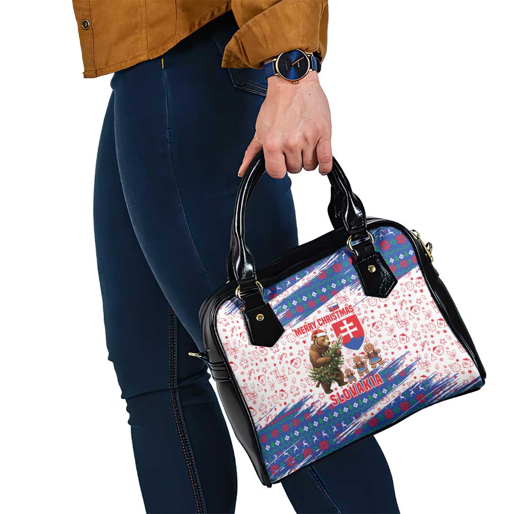 Slovakia Christmas Shoulder Handbag with Bear Holding Tree Gingerbread Cookies and Red Blue Snowflake Pattern Design - Wonder Print Shop