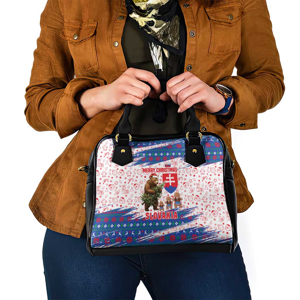 Slovakia Christmas Shoulder Handbag with Bear Holding Tree Gingerbread Cookies and Red Blue Snowflake Pattern Design - Wonder Print Shop